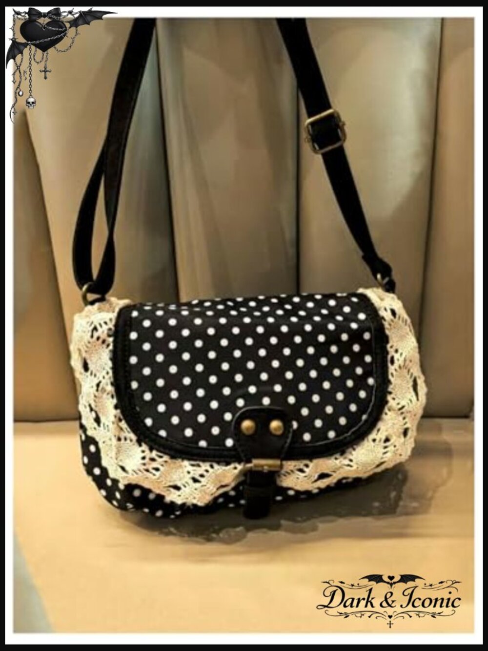 Polka Dots Crossbody Bag Lace Trim Adjustable Strap Flap Handbag Purse - Picture 4 of 5